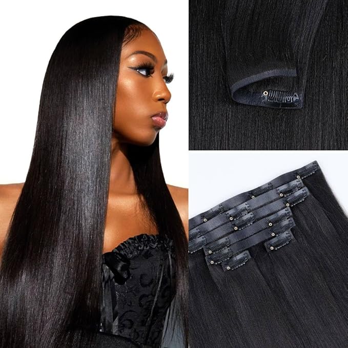 Yaki Straight Seamless Clip in Hair Extensions Remy Human Hair Extensions 1Pack 100g 7pcs Yaki Straight Clip Ins Hair Extensions Clip In Human Hair 16Inch Natural Black