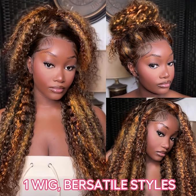 AMIRTY Hidden Strap 360 Lace Front Wigs Human Hair 250 Density Highlight Curly Human Hair Wig Pre Plucked Bleached Tiny Knots Honey Blonde Full Lace Frontal Wig with Invisible Drawstring28Inch