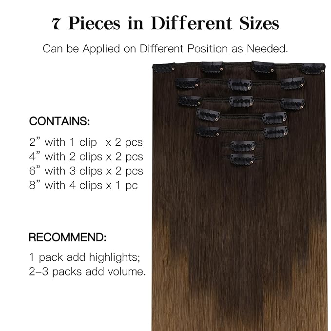 HOTBANANA Clip in Human Hair Extensions, Natural Black to Dark Brown and Chocolate Brown 120g 22 Inch 7pcs, Clip in Hair Extensions Remy Human Natural Straight