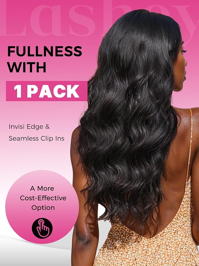 Lashey Invisi Edge & Seamless Clip in Hair Extensions Human Hair, 180g 9pcs(5pcs Invisi Edge & 4pcs Seamless) Hair Extensions Real Human Hair, 20 Inch Natural Black Body Wave Hair for Full Head