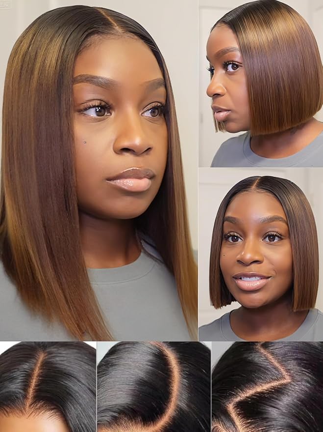 Julia Hair 14 Inch Chestnut Brown Ombre Yaki Straight Bob Wig Glueless Pre Cut 13X4 HD Lace Front Wig Human Hair with Dark Roots Pre Bleached Pre-Plucked with Ear Tape Ready to Go Short Yaki Wig