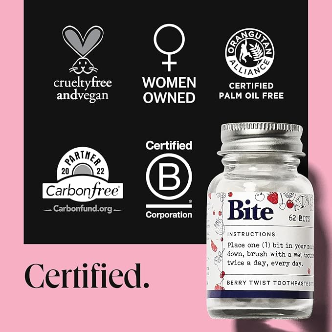 Bite Whitening Toothpaste Tablets (2 Months) – Fluoride Free, Nano Hydroxyapatite + Xylitol, Berry Twist – Vegan, Cruelty-Free, Made in USA, Sensitive Teeth, Travel Size, (2 Bottles, 124 Tabs)
