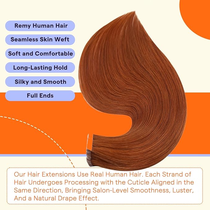 Full Shine Tape in Hair Extensions Human Hair 18 Inch Color 550 Copper Seamless Straight Remy Human Hair Extensions Tape in 50Grams Natural Soft Double Sided Extensions 20PCS for Wedding