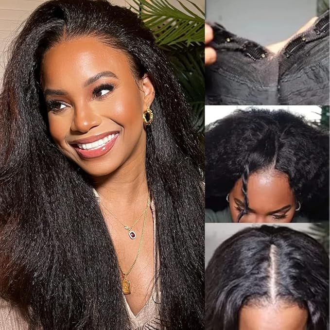 Julia Hair V Part Human Hair Wig Kinky Straight for Women Glueless Wigs Brazilian Virgin Human Hair Wigs Upgrade Upart Wig No Leave Out No Glue No Sew Natural Black Beginner Friendly 24 Inch