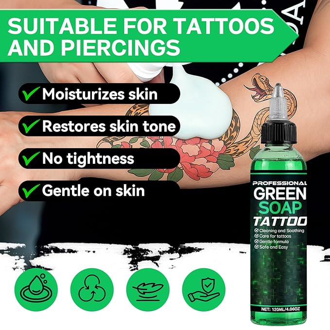 Green Soap Tattoo Concentrated 4OZ with Foaming Bottle 120ml, Tattoo Soap Supplies for Piercings and Clean Skin, Effective & Gentle