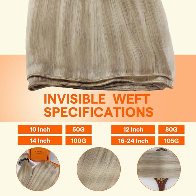 Full Shine Hair Weft Extensions Real Human Hair Remy Straight Weave Hair Bundles Sew In Human Hair Extensions Color 18 Ash Blonde Highlighted 613 Bleach Blonde Human Hair Weft 105G 16 Inch
