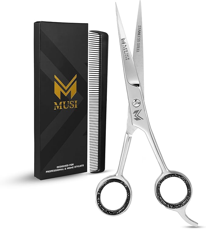 MUSI Hair Scissors 6.5" – 420 Japanese Stainless Steel Standard Hair Cutting Scissors – Premium Barber Shears for Professional Haircut – Silver Sharp Shears with Hair and Beard Comb