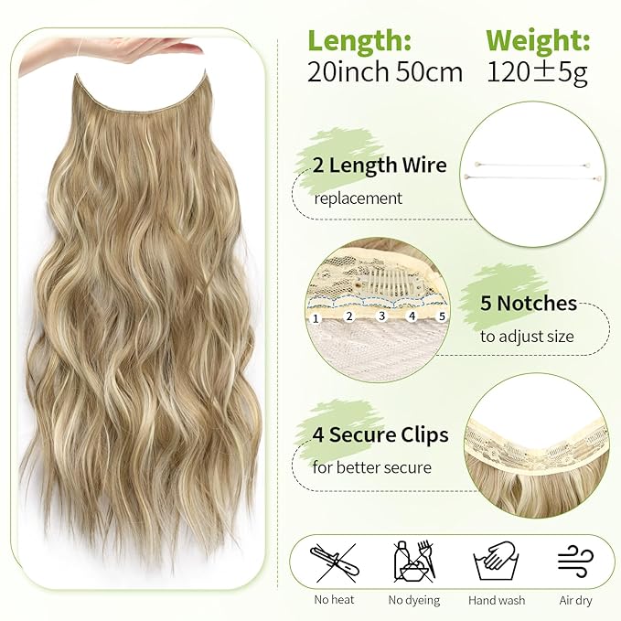 KooKaStyle Invisible Wire Hair Extensions with Transparent Wire Adjustable Size 4 Secure Clips Long Wavy Secret Hairpiece (24 Inch,Dark Ash Blonde mix Light Blonde Highlights)