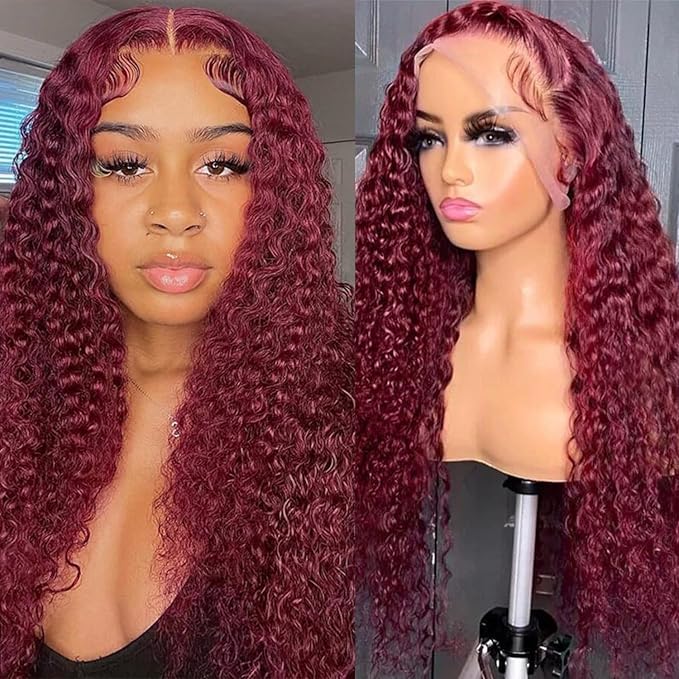 Burgundy Wig Human Hair 99j Burgundy 13x6 Deep Wave Lace Front Wigs Human Hair Pre Plucked 180% Density HD Transparent Lace Frontal Wigs for Black Women Red Colored Wig 20 Inch