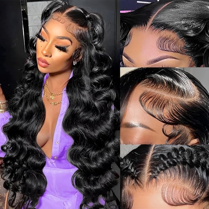 13x6 Lace Front Wigs Human Hair 200 Density Body Wave HD Lace Front Wigs Human Hair Pre Plucked Natural Color Glueless Wigs for Women 16 Inch