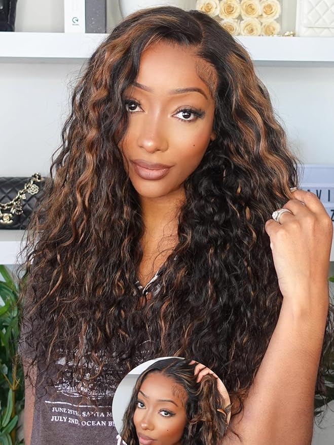 Julia Hair Golden Brown Highlight Deep Water Wave 7x5 Bye Bye Knots HD Lace Closure Glueless Wigs Human Hair Pre Plucked Pre Cut Natural Hairline Ready to Go for Beginners 24 Inch
