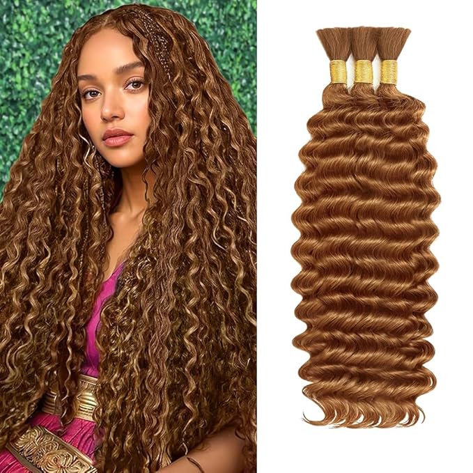 28 Inch Brown Deep Wave Bulk Braiding Hair for Boho Braids No Weft 3 Bundles 150g Deep Wave Human Hair for Braiding Color #30