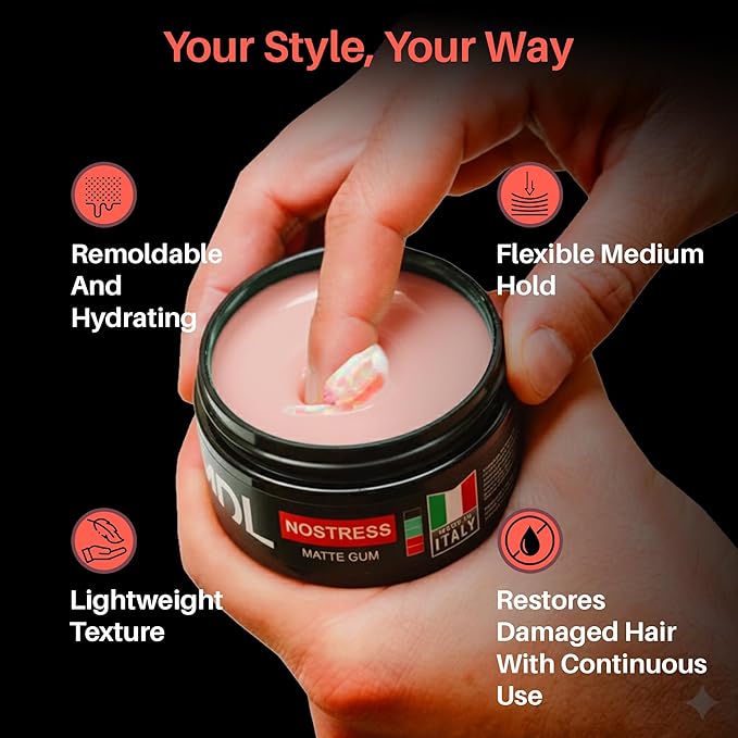 NO STRESS Matte Gum Hair Wax for Men, Reworkable Hold Pomade Alternative for Natural Matte Finish, Alcohol-Free Hair Hair Care for Control & Soft Finish, Water-Based, Made in Italy, 100 ml