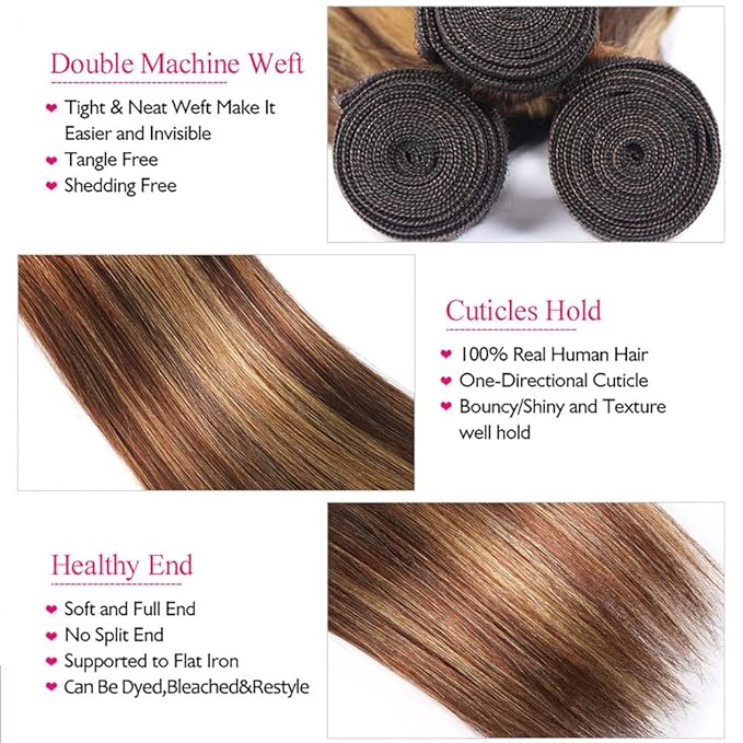 P4/27 Human Hair Bundle Highlight Straight Bundles 20 Inch Brazilian Unprocessed Virgin Hair 1 Bundle Two Tone Brown Mixed With Honey Blonde Bundles Human Hair Weave