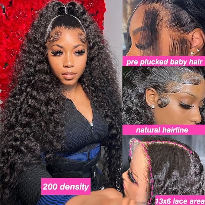 Washasha 36 Inch Water Wave 13x6 HD Lace Front Wigs Human Hair 200 Density Lace Frontal Wig Human Hair Pre Plucked with Baby Hair Deep Part Curly Wig for Women