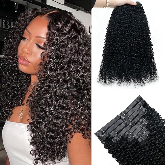 Curly Clip in Hair Extensions Real Human Hair 2 Pack 240g Seamless Kinky Curly Clip ins for Black Women Full Max 12A Remy Human Hair Extensions PU Skin Weft 14inch Natural Black