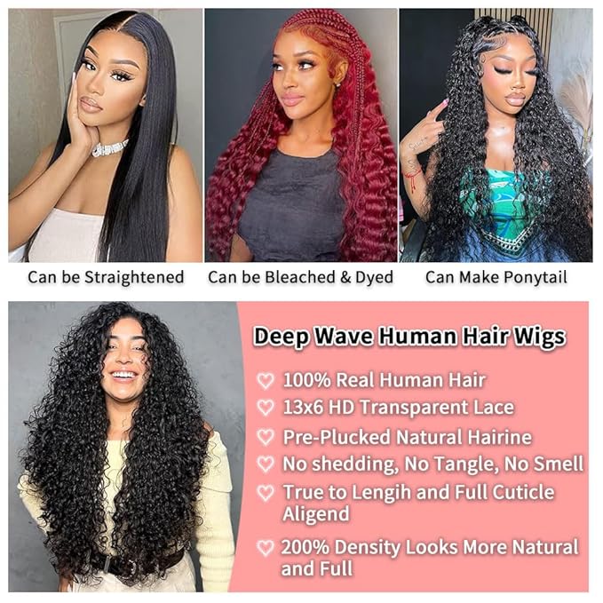 13x6 Deep Wave Lace Front Wigs Human Hair 28 Inch 200 Density HD Lace Frontal Glueless Wigs Human Hair Pre Plucked Deep Curly Natural Black