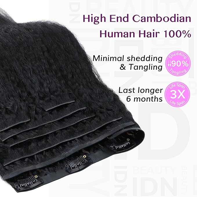 IDN BEAUTY 5+2 Invisi Edge Seamless Clip in Hair Extensions Human Hair Combo Pack, Kinky Straight 16 Inch 110g 5pcs Invisible Edge and 2pcs Seamless Clip ins for Black Women Natural Black No Leave Out