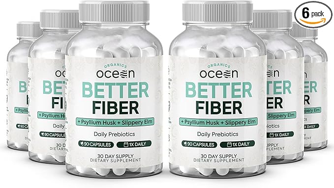 Organics Ocean Better Fiber - Daily Fiber Supplement - Soften Stool for Effortless Bowel Movements - with Psyllium Hulk and Slippery Elm - 6 Bottles