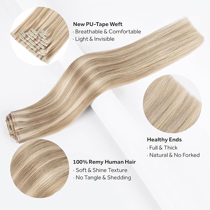 Clip in Hair Extensions Real Human Hair Seamless Clip Ins 100% Remy Hair Extensions PU Weft Golden Blonde Mix Light Blonde Thick&Invisible #P16A/22A 18Inch 120G 8PCS