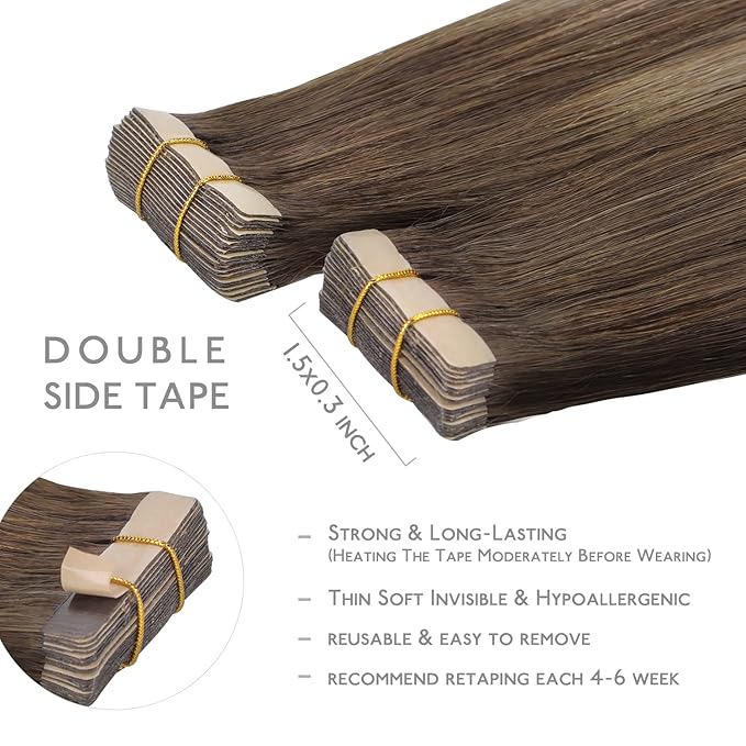WENNALIFE Tape in Hair Extensions Human Hair, 20pcs 60g 26 inch Balayage Chocolate Brown to Honey Blonde Remy Hair Extensions Straight Human Hair Tape in Extensions Skin Weft Tape Extensions