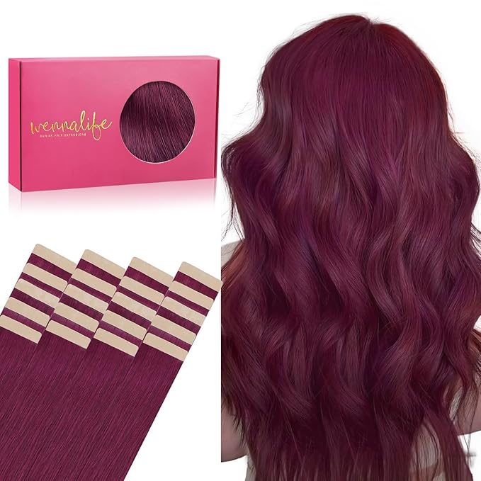 WENNALIFE Tape in Hair Extensions Human Hair, 20pcs 50g 24 inch Light Burgundy Remy Hair Extensions Straight Human Hair Tape in Extensions Tape Ins Straight Extensiones De Cabello Humano Skin Weft