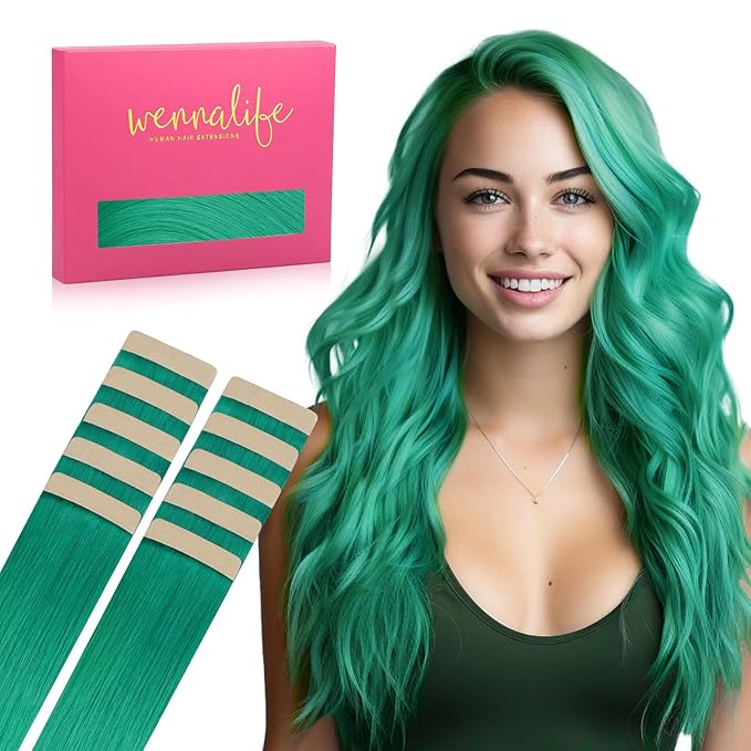 WENNALIFE Tape in Hair Extensions Human Hair Green Tape in Extensions, 10pcs 25g 18 inch Remy Invisible Tape Ins Straight Colored Soft Real Human Hair Tape in Extensions Refill Set Extensions