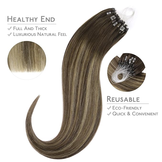 WENNALIFE Microlink Hair Extensions Human Hair, 50g 50s 24 Inch Balayage Chocolate Brown to Caramel Blonde Remy Micro Bead Hair Extensions Real Human Hair Micro Loop Micro Ring Hair Straight Microlink