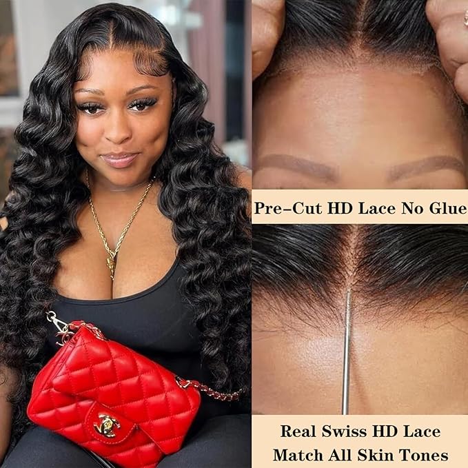 Wear and Go Glueless Wigs Human Hair Loose Deep Wave Lace Front Wigs Human Hair 12A Glueless Wigs Human Hair Pre Plucked Pre Cut 5x5 HD Closure Wigs Bleached Knots 210% Density (20 Inch)