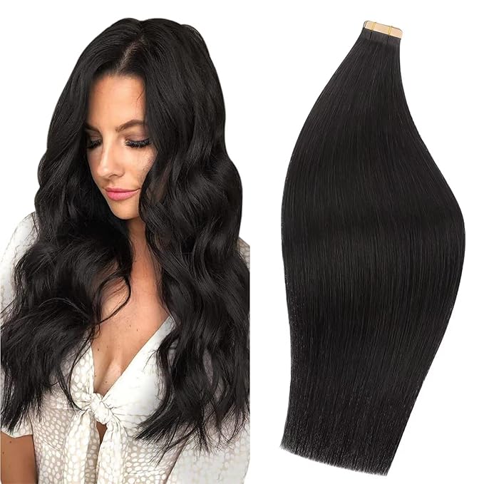 DOORES Tape in Extensions Real Human Hair, 80g 20 Inch 20pcs Remy Natural Black Human Thick Hair Extensions Tape in Real Skin Weft Straight Natural Thick Ends for Women