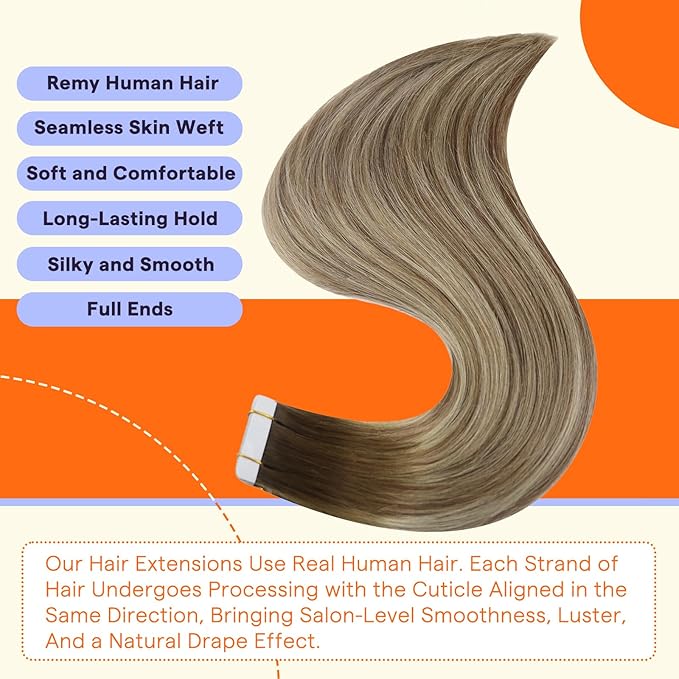 Full Shine Tape in Hair Extensions Human Hair 18 Inch Seamless Human Hair Extensions Tape Ins 50 Grams 20 Pcs Invisible Skin Weft Tape In Extensions Color 3 Fading to 8 Highlight 22 Blonde for Party