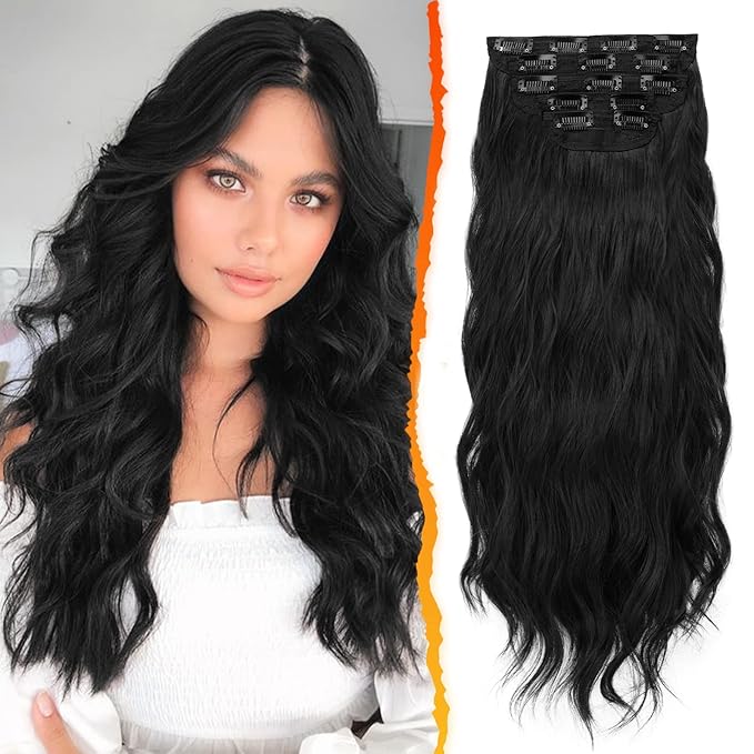 BARSDAR 18 Inch Wavy Clip in Hair Extensions – 5PCS Thick Soft Synthetic Hairpieces – Natural Black Full Head Clip in Hair Extensions for Women – Long Voluminous Easy Wear for Daily Party Halloween