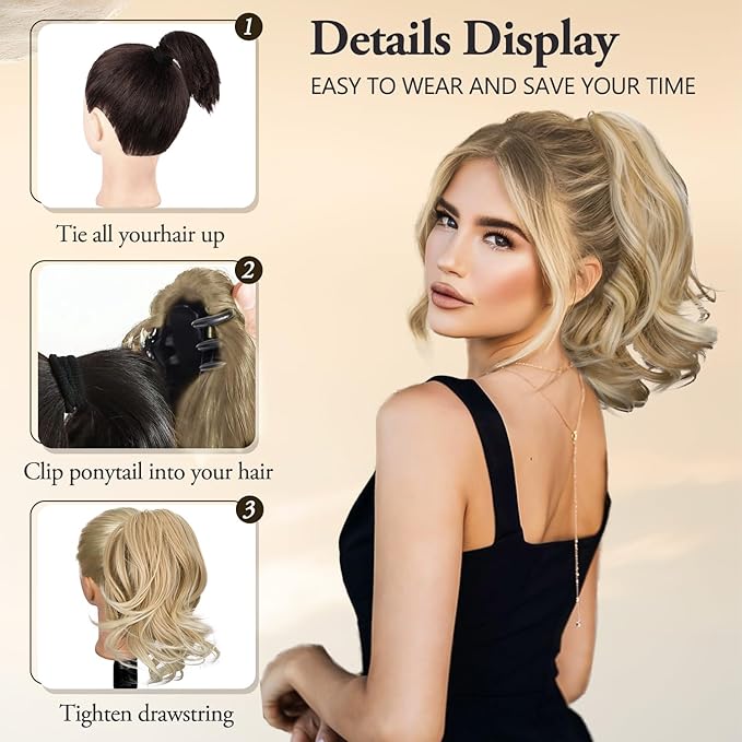 Ponytail Extension, 12 Inch Claw Clip in Ponytail Extension Curly Wavy Pony Tails Hair Extensions Synthetic Clip on Pony Tails Hairpiece for Women-Medium Blonde with Blonde Highlights25