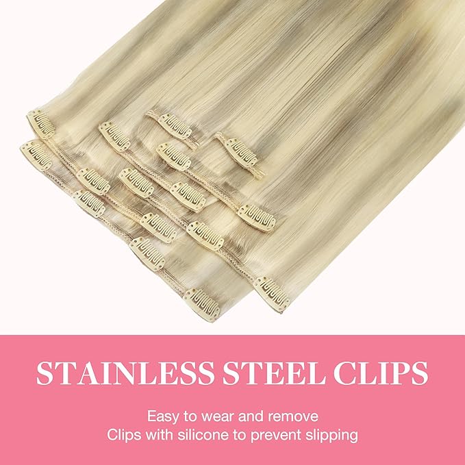 GOO GOO Clip in Hair Extensions Real Human Hair, Remy Human Hair Extensions Clip ins for Women, Natural Human Hair, 16inch 120g 7Pcs, 17/22/60 Balayage Ash Blonde and Platinum Blonde