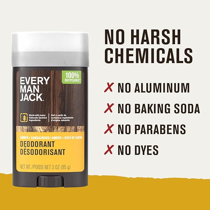 Every Man Jack Amber + Sandalwood Men’s Deodorant - Stay Fresh with Aluminum Free Deodorant For all Skin Types - Odor Crushing, Long Lasting, with Naturally Derived Ingredients - 3oz (4 Pack)
