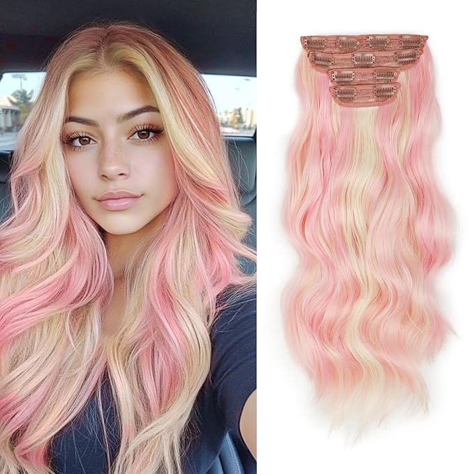 Vigorous Clip in Long Wavy Synthetic Hair Extension 4PCS Light Pink mix Blonde Hair Extensions 20Inch Easy to Install for Daily Use and Event Party Use