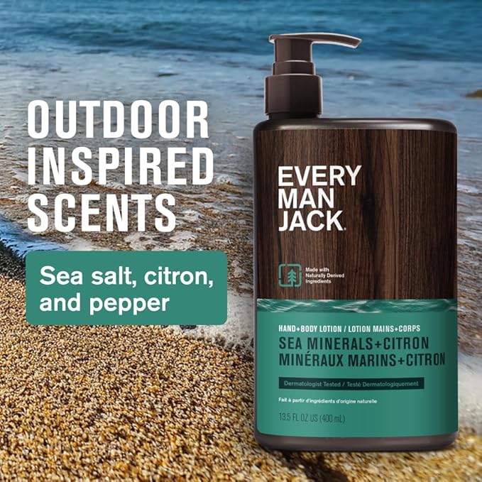 Every Man Jack Mens Sea Minerals + Citron Hand & Body Lotion for All Skin Types - Dermatologist Tested & Hypoallergenic - Nourish Skin with Lightweight Fast Absorbing Lotion - 13.5oz 2 Bottles