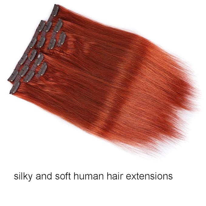 16" Clip in Human Hair Extensions Full Head 130g 7 Pieces 16 Clips Copper Red Double Weft Brazilian Real Remy Hair Extensions Thick Straight Silky (16" 130g, #350)