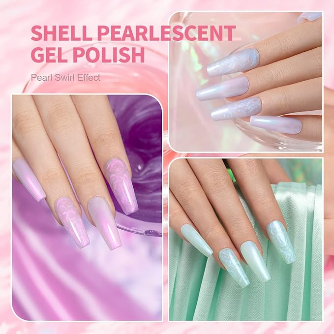 RARJSM Pearl Gel Nail Polish Set 6 Colors Pearlescent Shell Glitter White Gold Pink Green Purple Shimmer Mermaid Nail Gel Polish Soak Off Curing Requires Swirl Thread Effect DIY Manicure Use