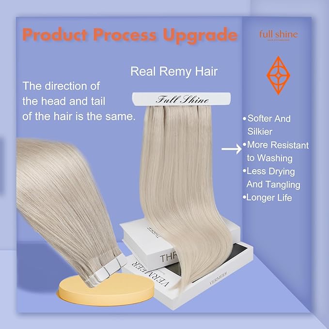Full Shine Tape In Hair Extensions Color 1000 Ice Blonde Remy Real Human Hair Extensions Tape in Double Sided Tapes Silky Straight Extension Seamless Skin Weft 20 Inch 50 Grams 20Pcs