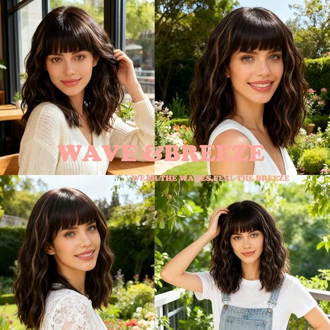 WAVE&BREEZE Short Brown Wavy Wigs with Bangs 14Inch Blonde Highlight Curly Bob Wig for Women Shoulder Length Natural Looking Hair Replacement Wig for Daily Party Use Cosplay Costume Halloween Wig
