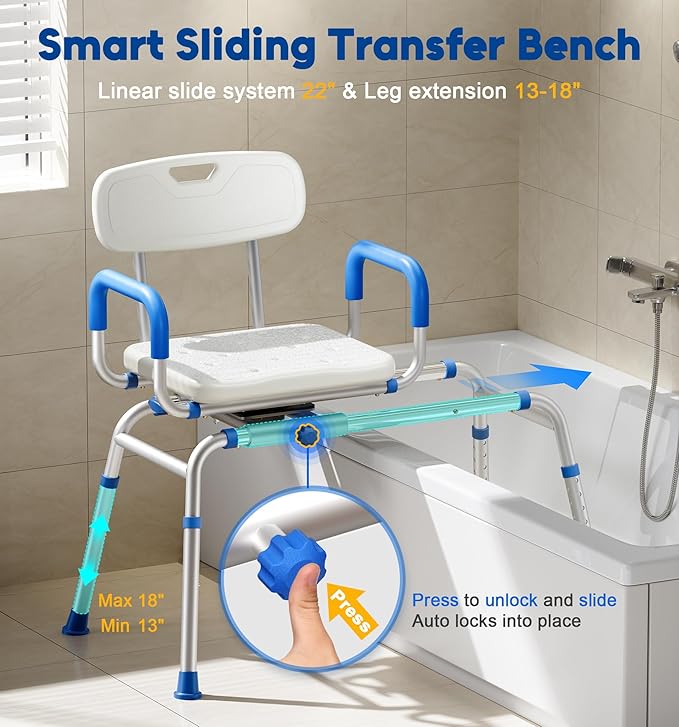 Sliding Shower Chair with Extra-Wide 360° Swivel Seat, 330lbs Tub Transfer Bench, Non-Slip & Padded Arms, Adjustable Height for Elderly & Disabled Inside Shower, Rectangular