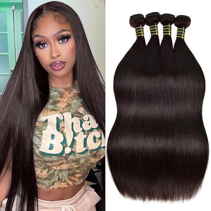 10A Straight Hair Bundles Brazilian Human Hair Bundles 20 22 24 26 Inch 100% Unprocessed Virgin Weave 4 Bundles Straight Human Hair Raw Hair Bundles Deals Natural Black