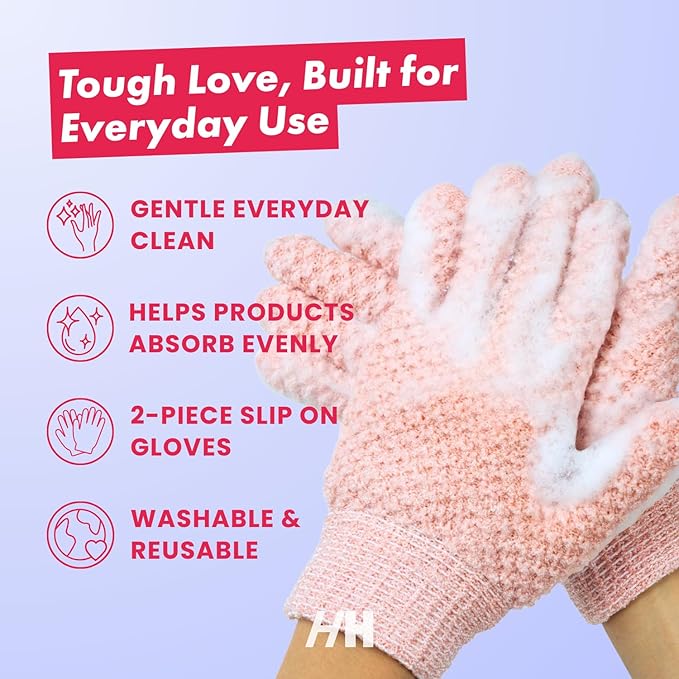 Handmade Heroes Tough Love Exfoliating Gloves – 2pc Reusable Body Scrub Washcloth Mitt for Shower, Bath & Spa, Dead Skin Remover, Ingrown Hair & Self-Tan Exfoliator, Shower Accessories for Smooth Skin