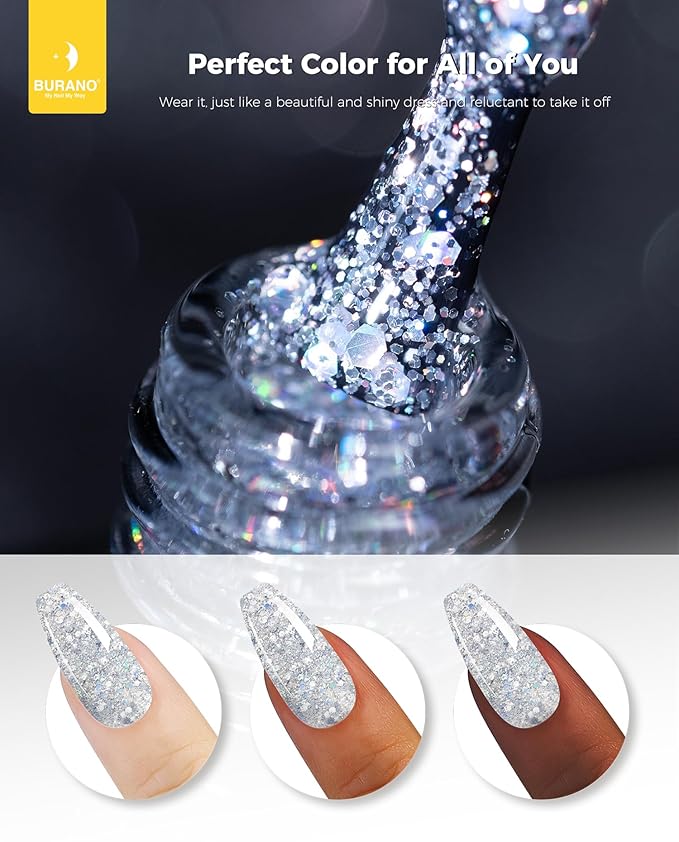 BURANO Glitter Gel Nail Polish with LED UV Curing, Sparkle Gel Holographic Effect, Soak off, No Chip Home DIY Salon (Silver LP19)