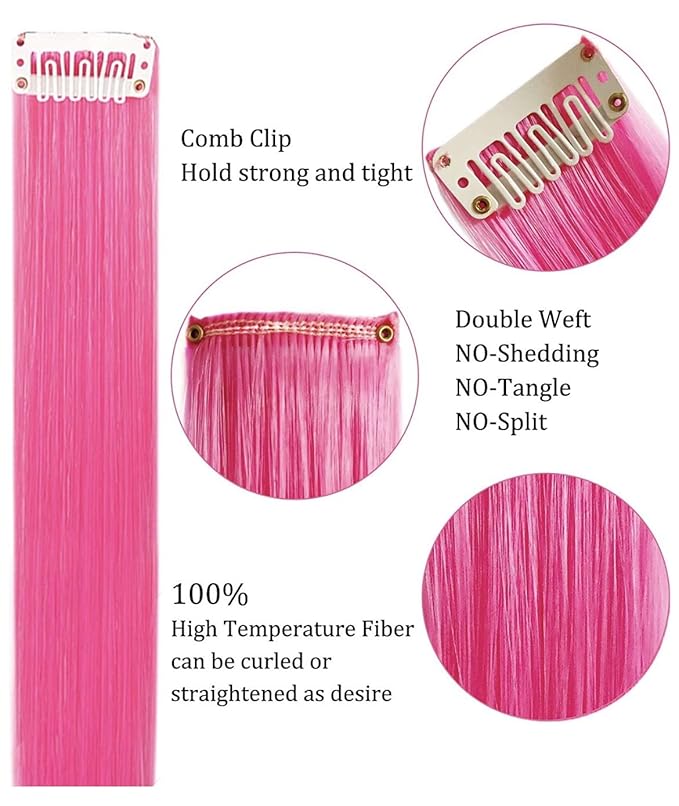 12 PCS 20 inch Rainbow Wig Pieces Colorful Party Highlights Clip in Coloured Hair Extensions Multicolors Straight Synthetic Hairpieces for Women Kids Girls
