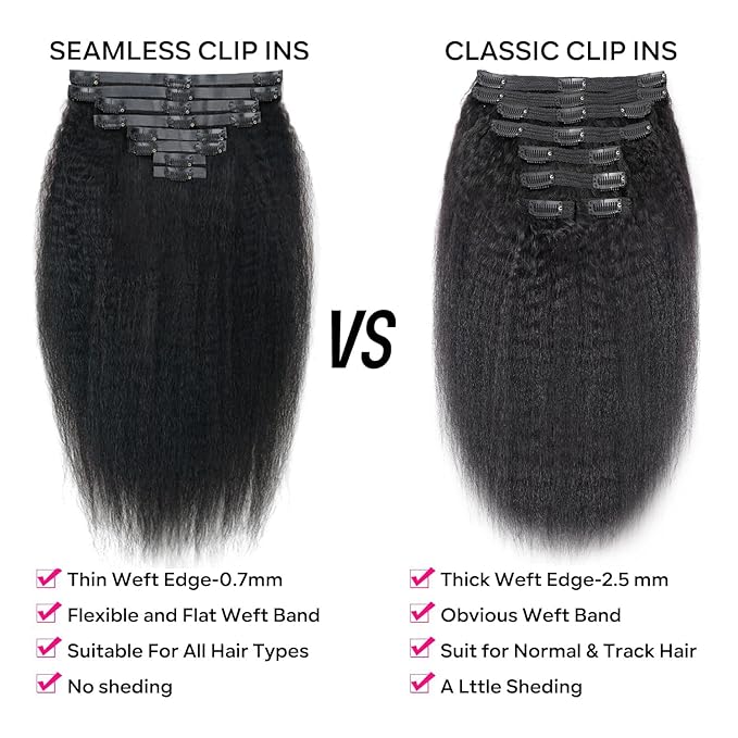 Seamless Kinky Straight Clip in Hair Extensions for Black Women Brazilian Virgin Human Hair Extensions 8Pcs Seamless Clip ins Human Hair with 18Clips Invisible PU Skin Weft 120g 26inch Natural Black
