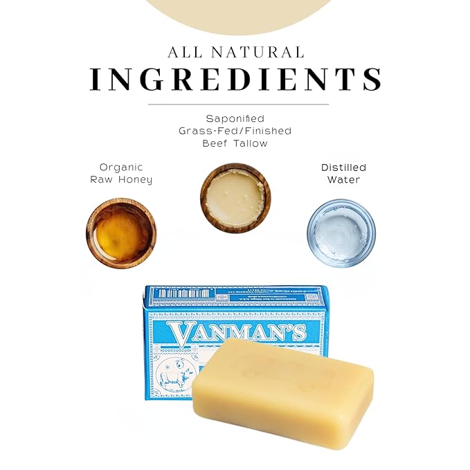 VanMan Beef Tallow and Honey Bar Soap – Pure Grass-Fed Beef Tallow for Skin with Raw Honey & Distilled Water, Unscented Soap, Hydrating & Nourishing, Clean Ingredients, 3.8oz - 3 Pack