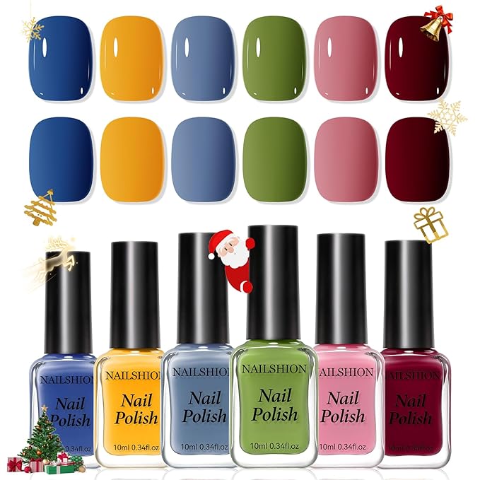 Winter Nail Polish Set, 6 Colors Burgundy Red Yellow Green Grey Quick Air Dry Nail Polish Non Gel, Hema-free, Nail Lacquer Manicure Art DIY at Home Christmas Gift for Women