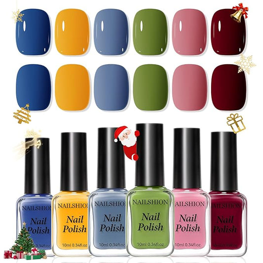 Winter Nail Polish Set, 6 Colors Burgundy Red Yellow Green Grey Quick Air Dry Nail Polish Non Gel, Hema-free, Nail Lacquer Manicure Art DIY at Home Christmas Gift for Women